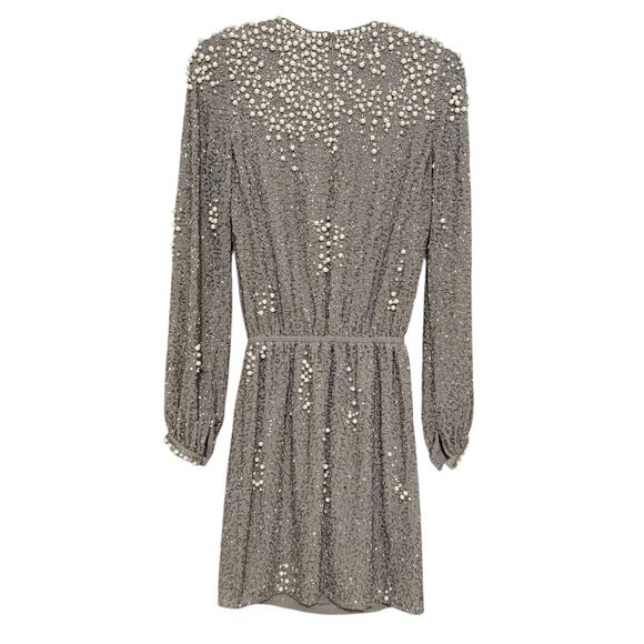 ASOS Silver Pearl Embellished Beaded Cocktail Mini Dress Long Sleeve Party 0 - Picture 5 of 8